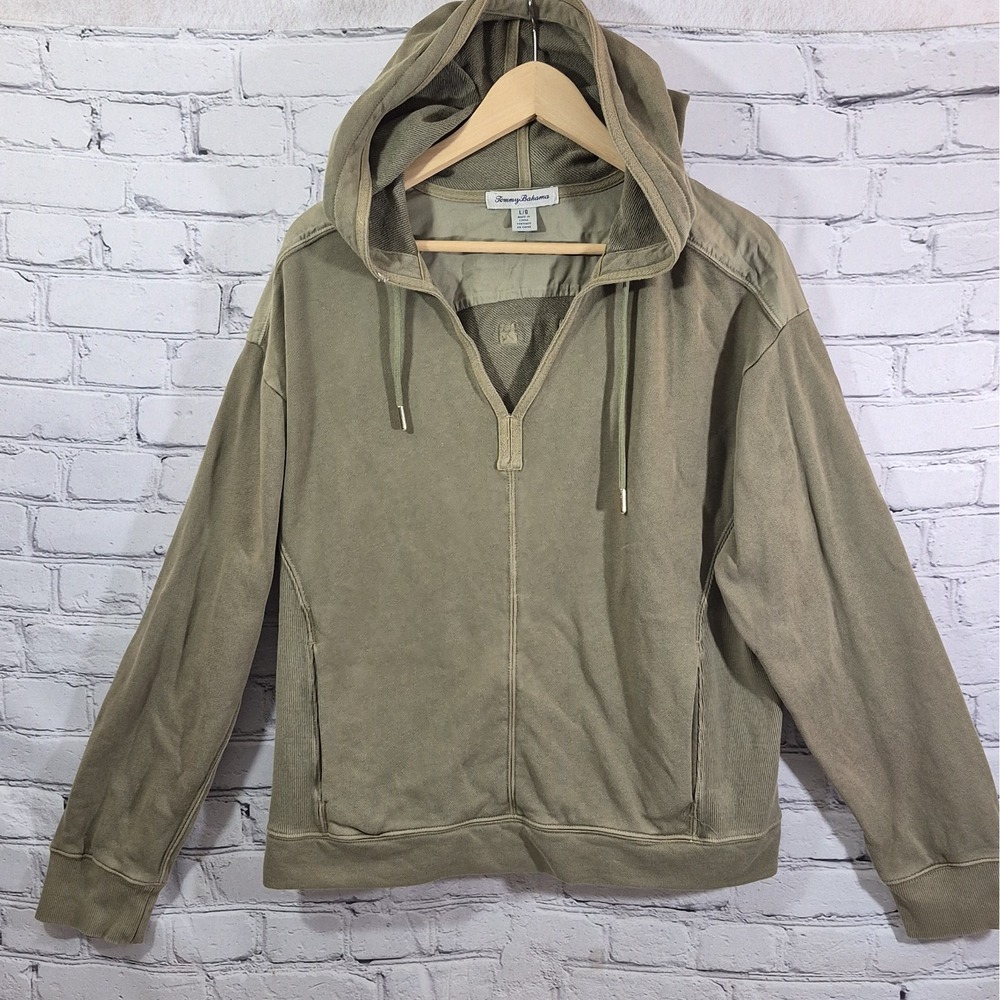 Tommy Bahama Women's Sweatshirt Hoodie Sz L Olive Green Coastal V-Neck Pullover